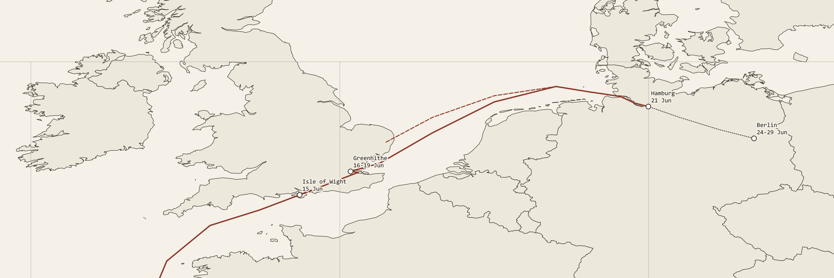 Detail chart of the North Sea and English Channel showing the route past the Isle of Wight, into the Thames at Greenhithe, across to the Elbe and Hamburg, and the overland line to Berlin.