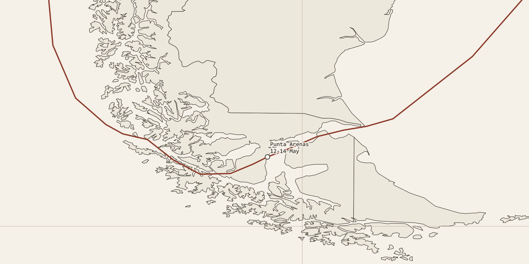 Detail chart of the Strait of Magellan showing the route entering from the Pacific, threading the strait past Punta Arenas, and exiting into the Atlantic.