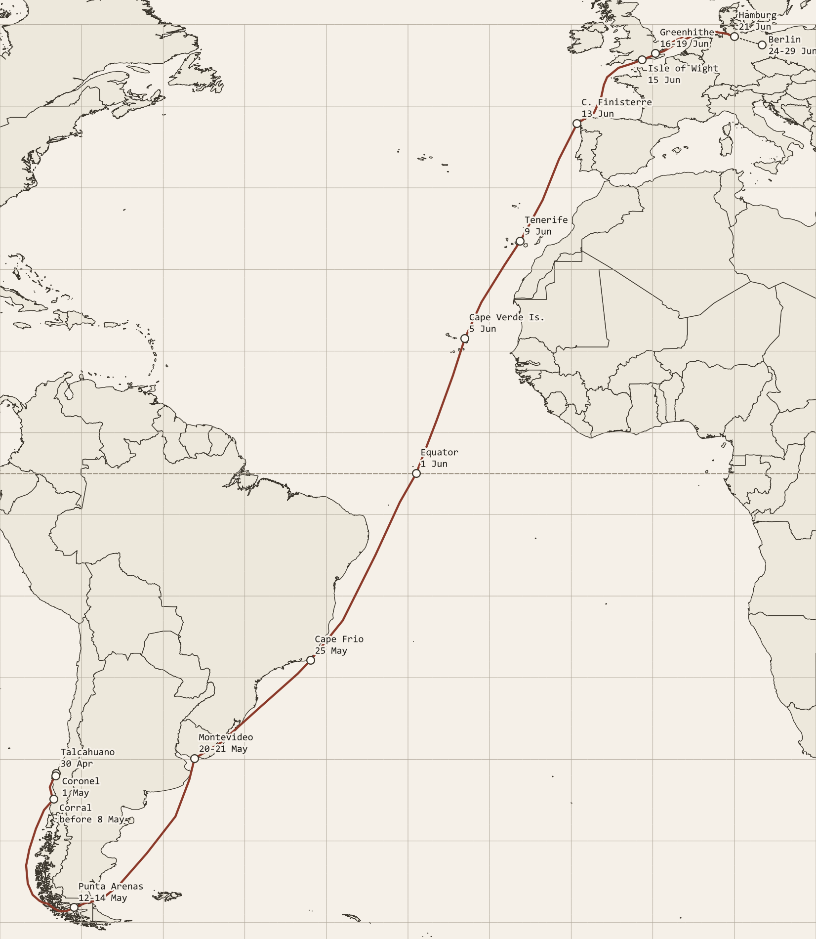 Nautical chart on Mercator projection showing Carl Zeus's 1908 route: down the Chilean coast from Talcahuano, through the Strait of Magellan past Punta Arenas, north across the Atlantic via Montevideo, Cape Frio, the equator, the Cape Verde Islands and Tenerife, then past Cape Finisterre and up the English Channel to the Thames and Hamburg.