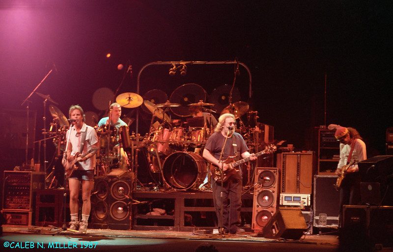The Grateful Dead on a dark stage lit in deep red and pink. Phil Lesh at left, the drum kit and gongs at center with Bill Kreutzmann behind them, Jerry Garcia center right at a microphone with his guitar, and Bob Weir at far right in a cap.