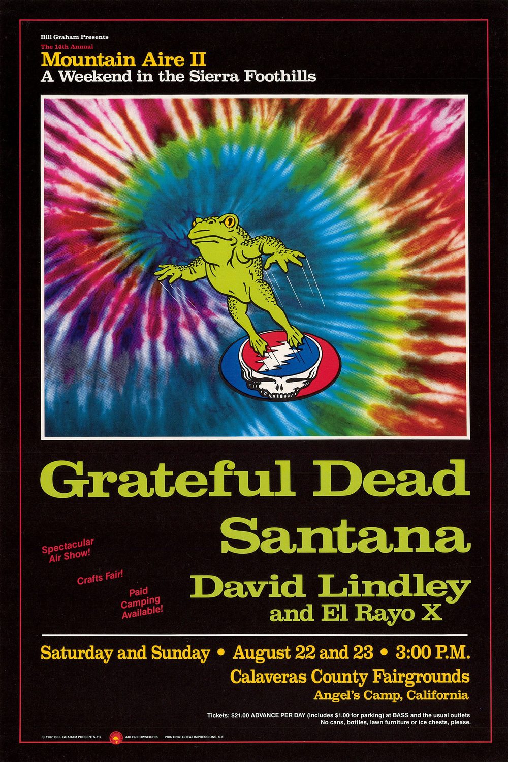 The official Mountain Aire II poster: the same leaping green frog on a Steal Your Face skull, this time against a full tie-dye spiral in magenta, blue, green and orange, over a black background with the lineup in yellow-green type.