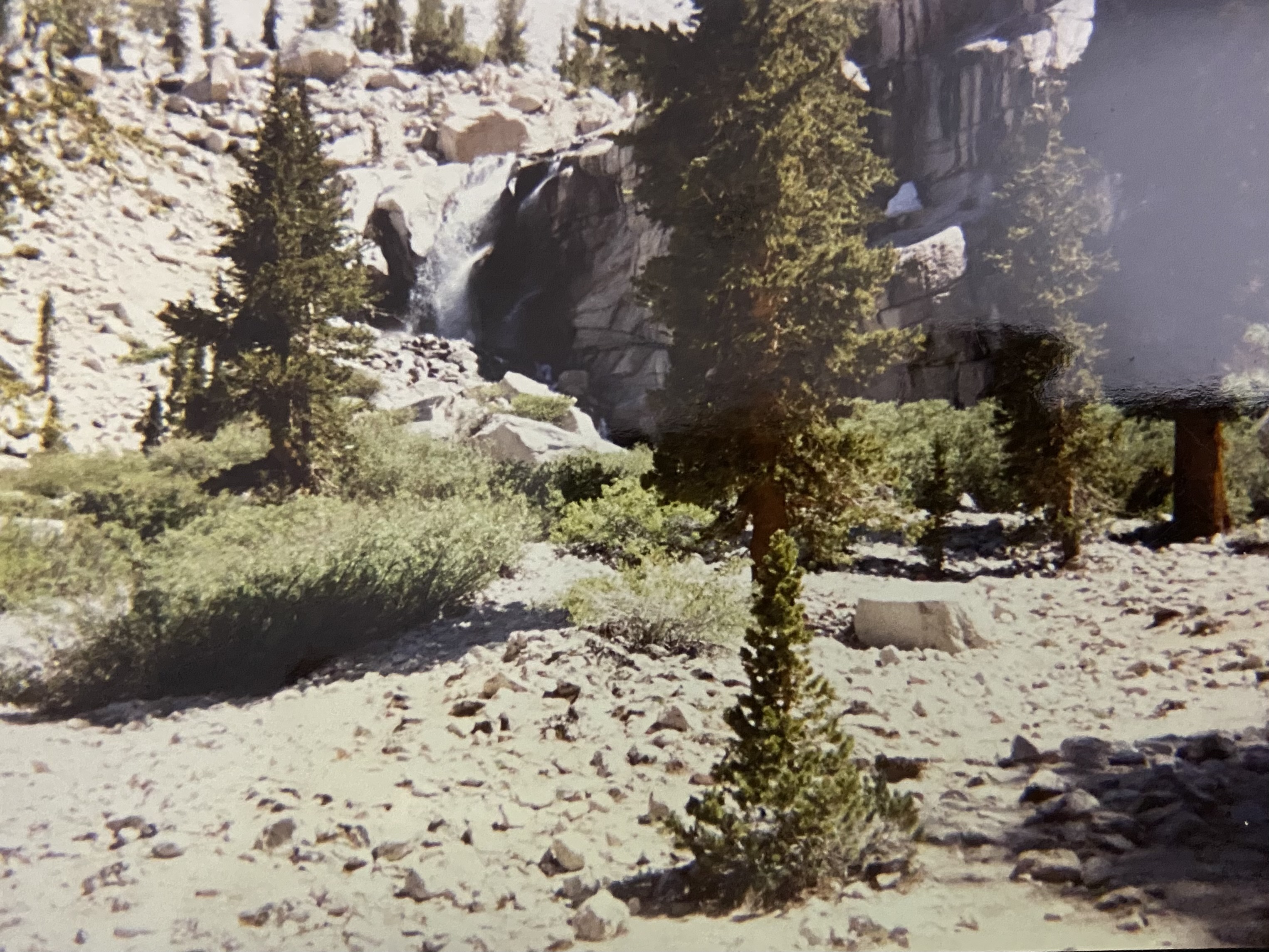 Outpost Camp: foxtail pines on decomposed granite, a waterfall coming down the headwall behind, granite walls rising on both sides.