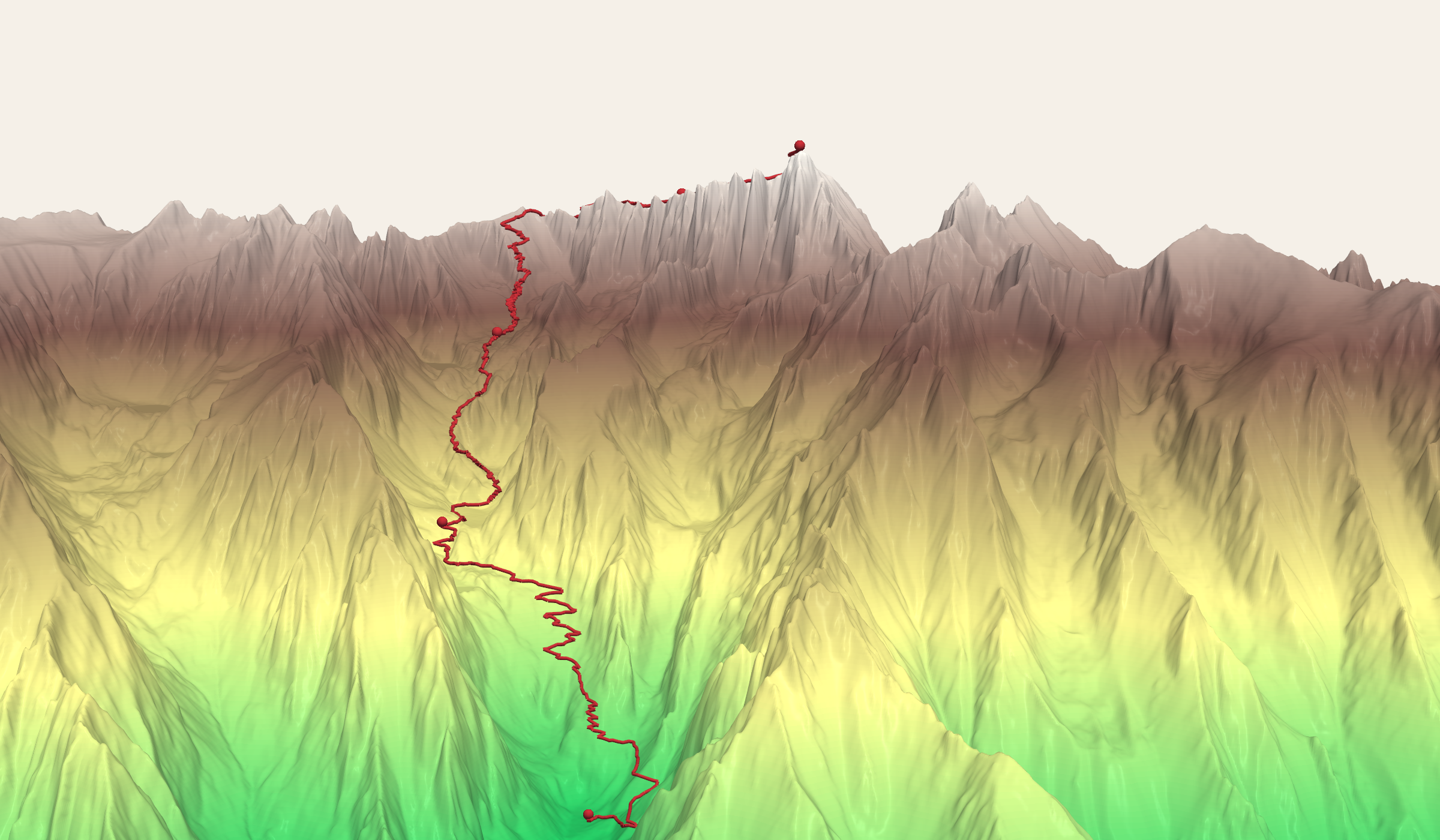 Three-dimensional rendering of Mt. Whitney's east face, looking up the drainage from Whitney Portal toward the summit. A red line shows the actual GPS trace of the Mount Whitney Trail climbing from the valley floor at the bottom of the frame to the summit at the top; the ninety-seven switchbacks are visible near the ridge.
